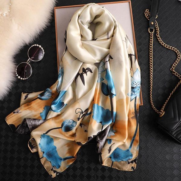 

women's swimwear style chinese silk autumn and winter headscarf lady fashion beautiful print scarf women sunscreen beach shawl, White;black