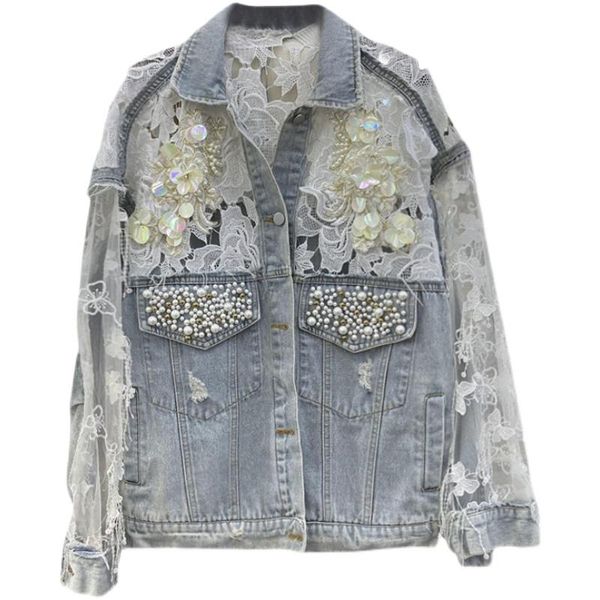 

spring denim jacket fashion lady lace floral embroidery patched sequined gauze gold beading white hole jean coat women women's jackets, Black;brown