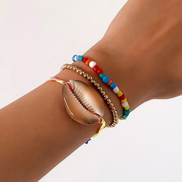 

charm bracelets ingesight.z 3pcs/set big natural shell rope chain bangles multi layered adjustable colorful beaded jewelry, Golden;silver