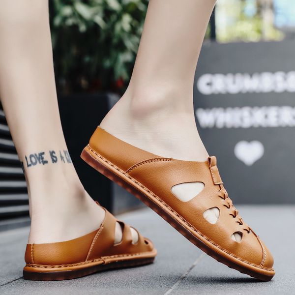 

slippers leather sandals loafers men shoes fashion summer cutout breathable flats half-slippers slides flip flops, Black