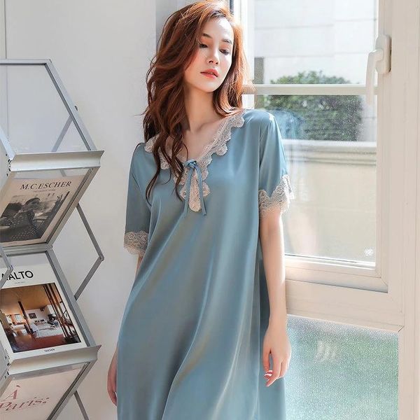 

women's sleepwear short night dress solid silk summer thin lace ladies v neck nightgowns sleeve nightie satin female, Black;red