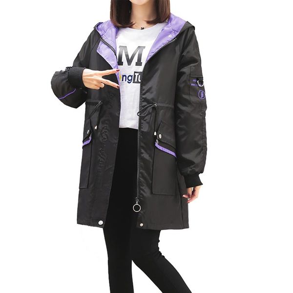 

women's trench coats 2021 spring autumn hooded coat for women medium long loose letter ladies bf baseball uniform female windbreaker, Tan;black
