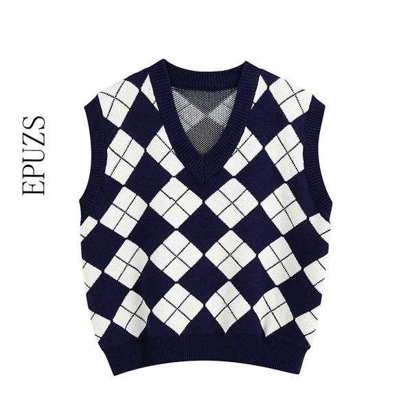 

sweet sleeveless plaid knitted sweater women eurpean style fashion v-neck vest sweaters chic cute sweater 210521, Black;white