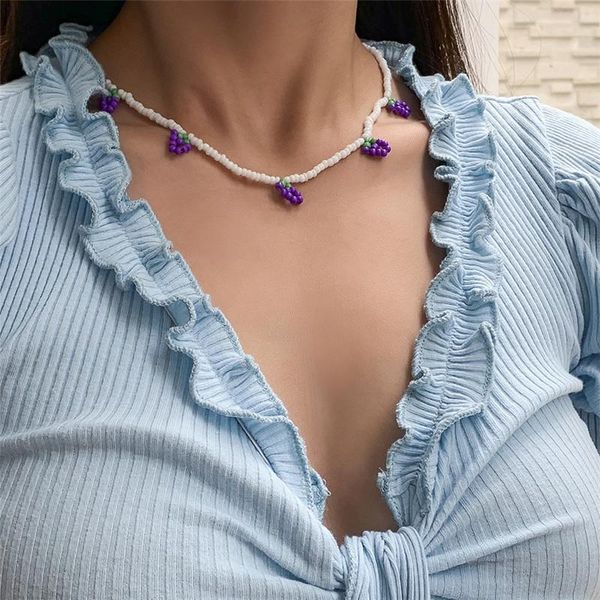 

chains sweet cool ins creative small grape pendant necklace simple ggeometric beaded rice bead, Silver
