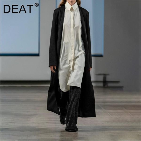

women's trench coats [deat] 2021 autumn fashion tide coat solid color single button long sleeve v-neck temperament loose windbreaker wo, Tan;black