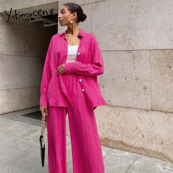 

women's two piece pants yitimuceng satin casual fashion suits women 2021 fall cardigan long sleeve shirt pink wide leg office ladies 2, White
