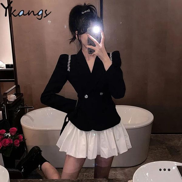 

two piece dress set autumn y2k korean chic blazer women ladies fashion long sleeve suit jacket casual high waist pleated fluffy skirts, White