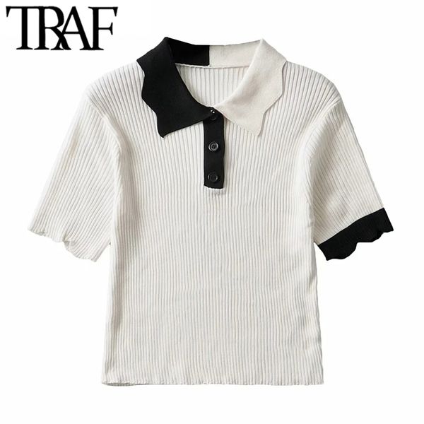 

women fashion patchwork cropped knit t shirt vintage lapel collar short sleeve female mujer 210507, White