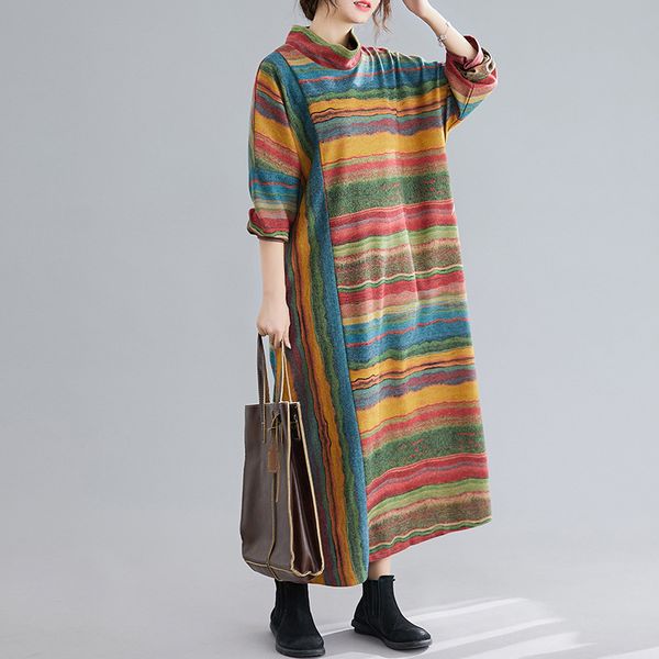 

johnature women spring striped dresses casual long sleeve turtleneck loose polyester pockets irregular women dresses 210521, Black;gray