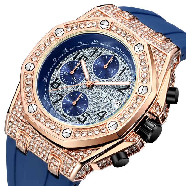 

watch men's non mechanical personality inlaid diamond large dial timing function luminous quartz, Slivery;brown