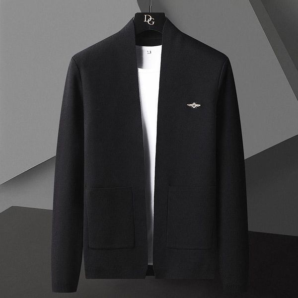 

men's sweaters autumn and winter knitted cardigan collarless solid color embroidered sweater trend coat, White;black