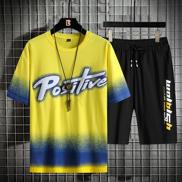 

summer youth yellow alphabet printed short sleeve t-shirt personality contrast color breathable men's two-piece set fashion, Gray