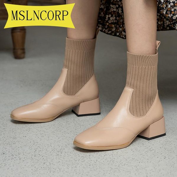 

boots plus size 34-48 ankle for women square toe fashion shoes winter short heels pu leather comfortable lady, Black