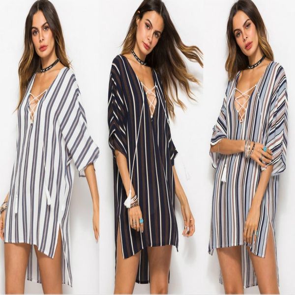 

women's blouses & shirts spring / summer 2021 fashion loose large deep v-neck stripe irregular mid sleeve lace up 2xl bow, White