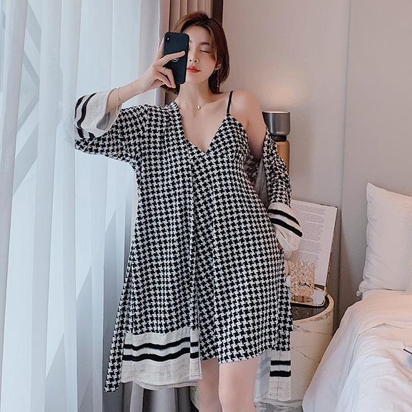 

black plaid 2pcs kimono robe set home clothing female novelty nightgown spring summer sleep intimate lingerie women's sleepwear, Black;red