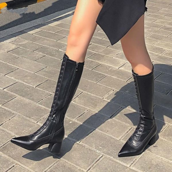 

boots 2021 fashion women's shoes leather knee winter high heel woman zipper pointed toe long lady botas mujer1, Black
