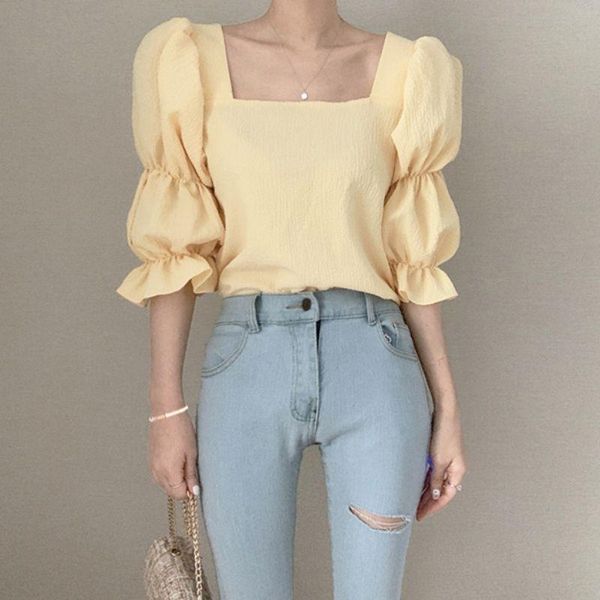 

women square neck shirts slim blouse vintage puff sleeve women's blouses &, White