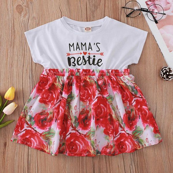 

short sleeve summer baby girl dress toddler infant girls letter floral rose casual style princess clothes girl's dresses, Red;yellow