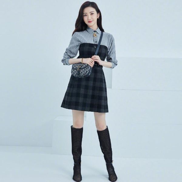 

casual dresses designer spring autumn women's vintage fashion party elegant chic long sleeve patchwork plaid dress, Black;gray