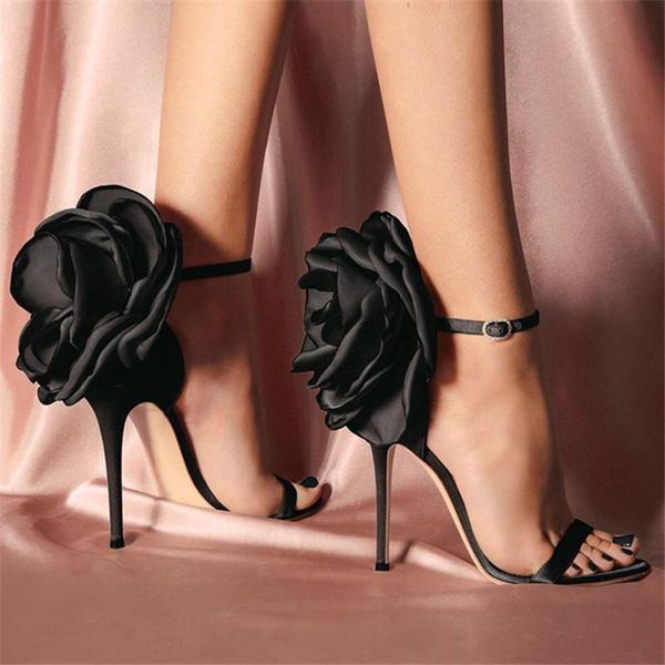 

cute flower decor stain women sandals  high heel shoes woman summer gladiator sandal ankle strap ladies, Black