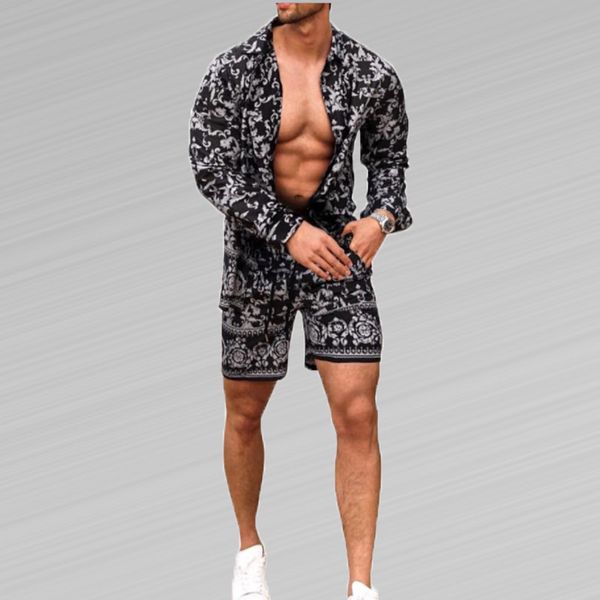 

blouse shorts suit summer men 2 pieces sets casual short tracksuit male set long sleeve men's clothing printed, Gray