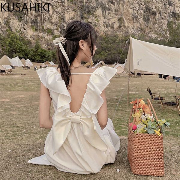

backless ruffle bowknot woman dress sweet spaghetti strap dresses korean summer high waist vestidos 6h297 210603, Black;gray
