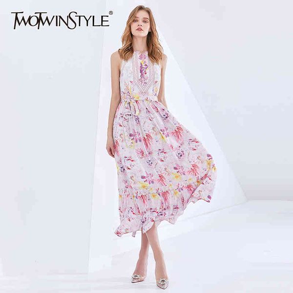 

twotwinstyle vintage hit color dress for women o neck sleeveless high waist sashes ruched dresses female fashion new clothing 210428, Black;gray