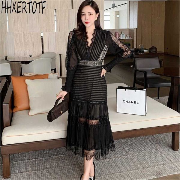 

spring fashion women runway lace stitching long sleeve high waist lace dresses 210531, Black;gray