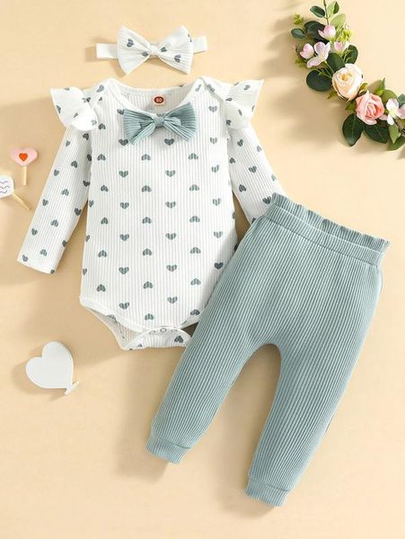

baby heart print bow front bodysuit & sweatpants & headband she, White