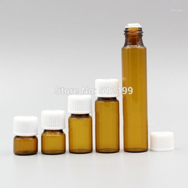 

50/100/200pcs/lot 1ml/2/3/5/10ml perfume essential oil bottles brown glass tube bottle white cap with ser plug for cosmetic storage & ja