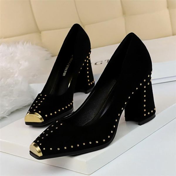

dress shoes bigtree 2021 spring retro classic pumps fashion wedding black rivet high heels square heel women party