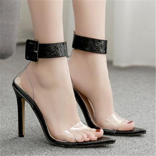 

summer women sandals thin high heels shoes fall street look pointed toe pvc 12cm buckle strap size 35-42, Black