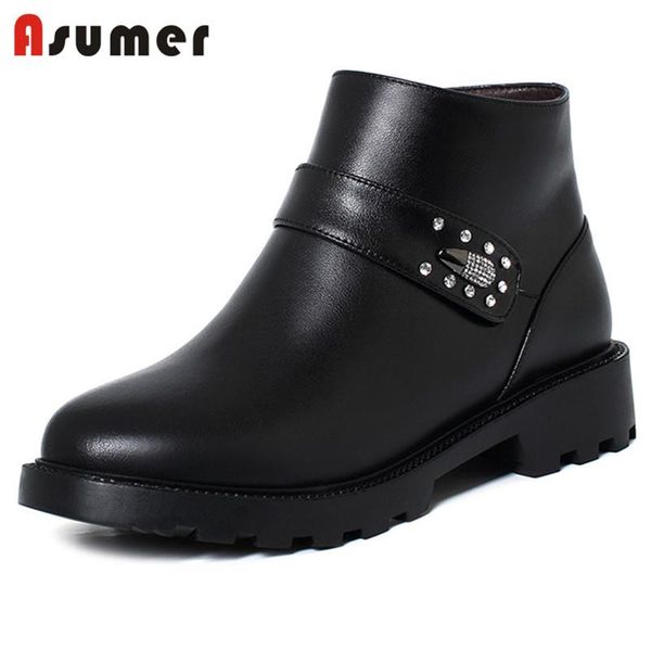 

boots asumer 2022 arrive ankle for women genuine leather +pu winter shoes low heels comfortable wool snow, Black