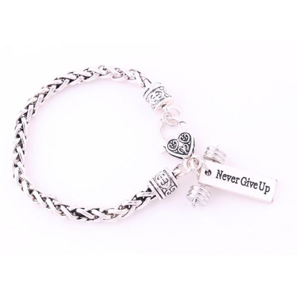

charm bracelets women men jewelry barbell pendant bracelet never give up written sign wheat link chain zinc alloy drop, Golden;silver
