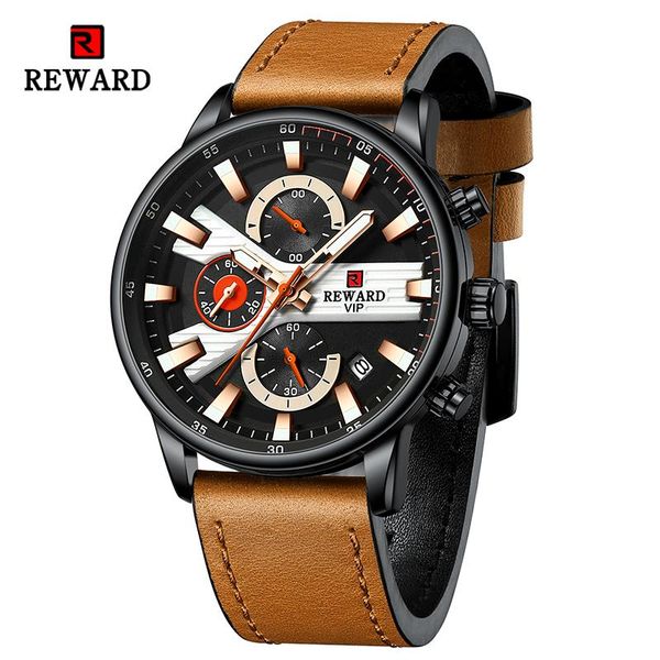 

wristwatches drop reward men sport waterproof chronograph quartz wrist watch clock timepiece genuine leather watches, Slivery;brown