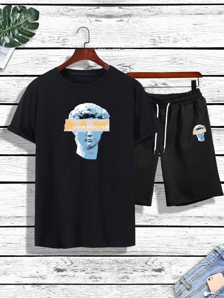 

men sculpture & letter graphic tee & drawstring shorts m1fo#, Gray