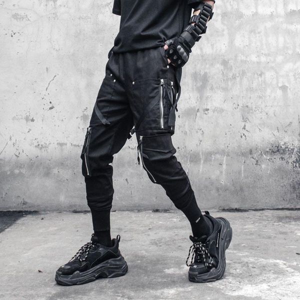 

men's pants functional tactical cargo joggers men zipper multi-pocket trousers 2021 autumn hip hop streetwear harem pant black wb233