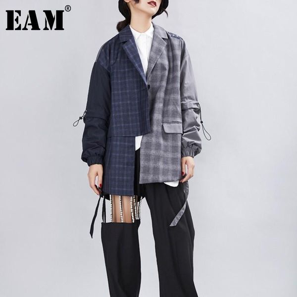 

women's jackets [eam] 2021 spring autumn turn-down collar long sleeve hit color spliced plaid personality jacket women coat fashion jx6, Black;brown