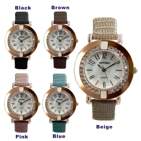 

wristwatches rose gold crystal watch japan pc21s movement leather band fashion, Slivery;brown