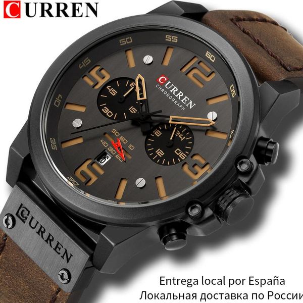 

wristwatches curren mens watches waterproof sport wrist watch chronograph quartz military genuine leather relogio masculino, Slivery;brown