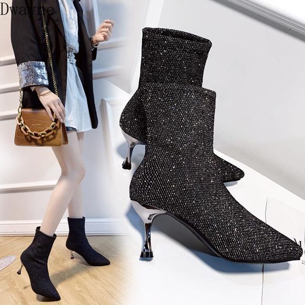 

boots women high heel booties fashion female high-heeled young ladies 6.5cm sequin cloth, Black