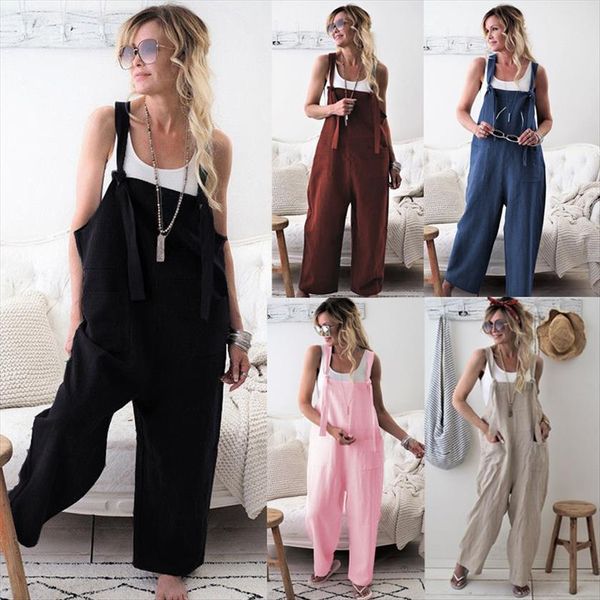 

summer cotton linen dungarees overalls womens jumpsuit casual loose wide leg pants one piece romper playsuit s xl, Black;white
