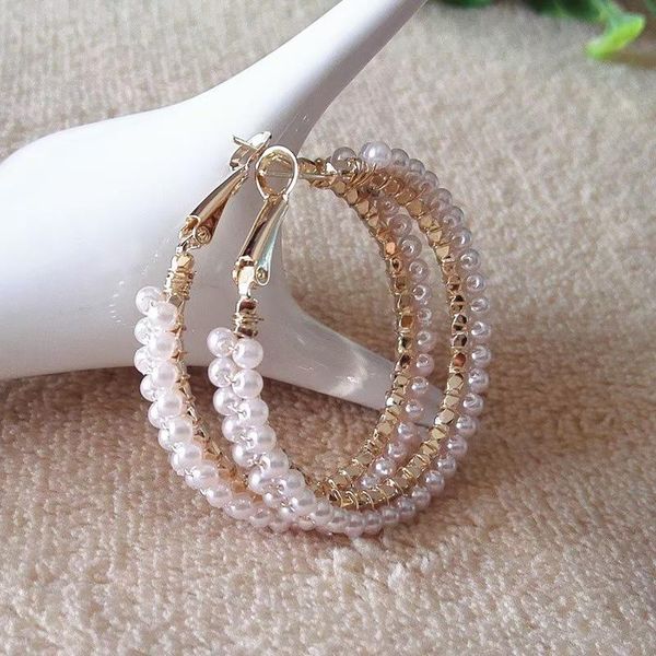 

hoop & huggie simple plain gold color metal pearl earrings fashion big circle hoops statement for women party jewelry, Golden;silver