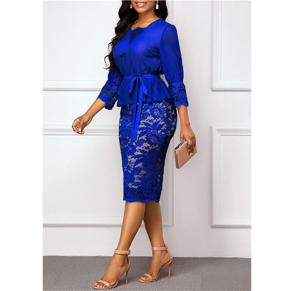 

summer autumn dress women 2021 casual plus size slim patchwork lace office pencil dresses elegant v neck long party ethnic clothing, Red