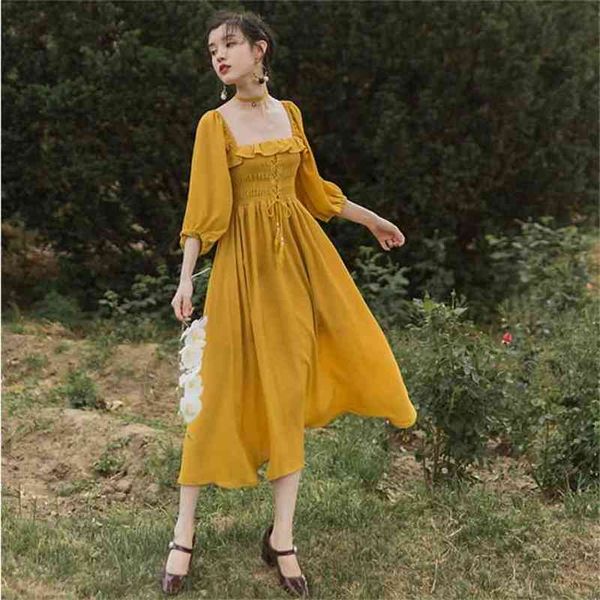 Abito estivo con fasciatura a metà polpaccio lungo per donna Chiffon elastico giallo es tunica senza spalline festa serale 210603