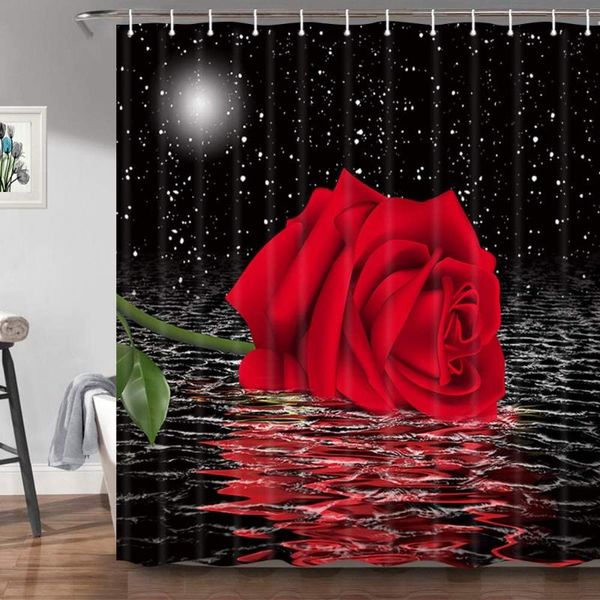 

shower curtain red rose under the moon, black starry sky, decorative bathroom curtain, machine washable, hard-wearing polyester curtains