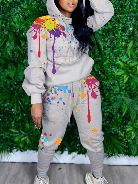 

ursuper 2021 fashion two-piece sportswear hooded collar stylish print two piece pants set women's, White