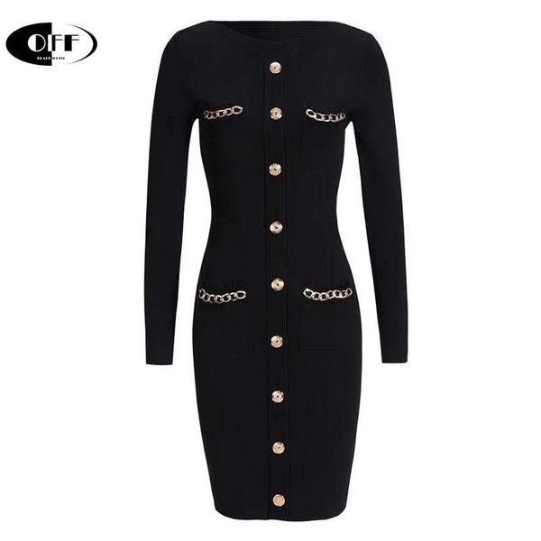 

casual dresses autumn knitting for women elegant bodycon long sleeve chain pocket chic korean knit ladies dress clothes vestidos, Black;gray