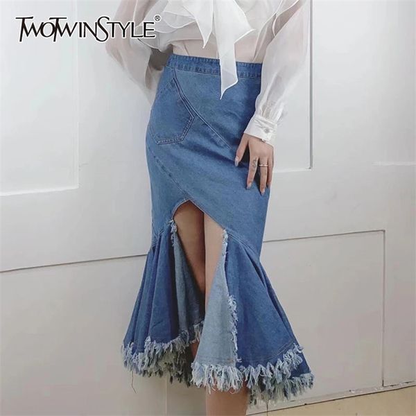 Tromba di jeans sexy per le donne Vita alta Orlo irregolare Patchwork Ruffles Midi Gonne Moda femminile coreana 210521