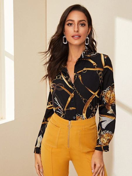 

button front chain print blouse l974#, White
